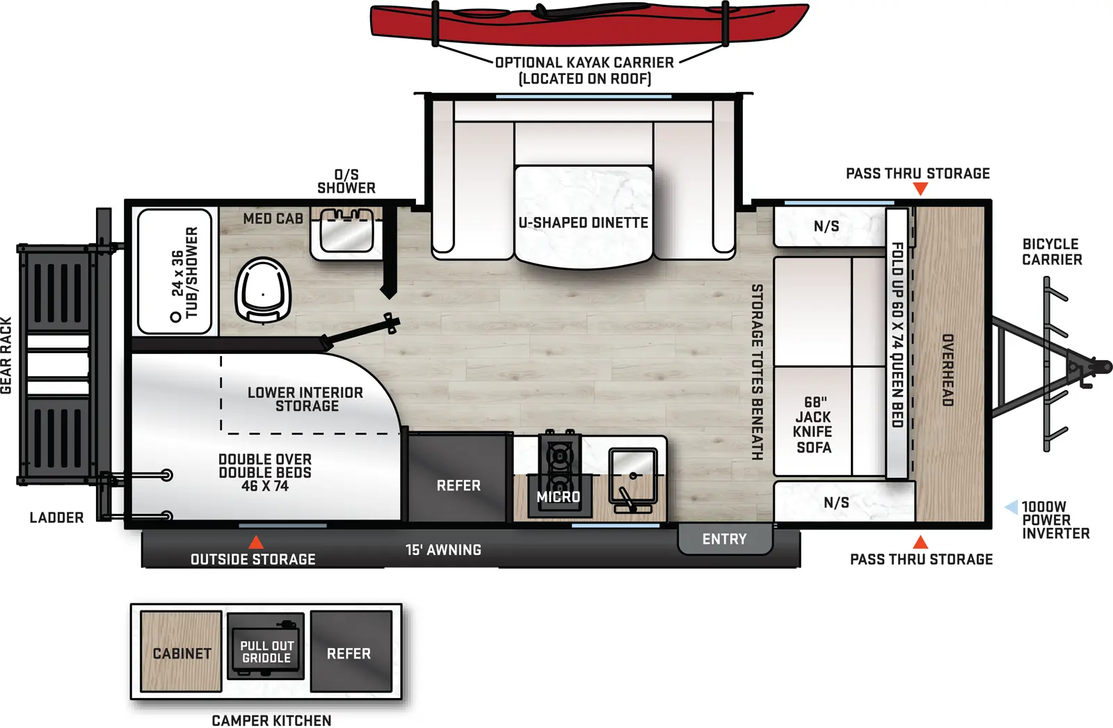 The 192BHS has one slideout and one entry. Exterior features front bicycle carrier, 1000W power inverter, front pass-thru storage, 15' awning, camper kitchen with cabinet, pull-out griddle and refrigerator, rear gear rack, ladder, outside shower, and optional roof kayak carrier. Interior layout front to back: jackknife sofa with storage totes below, fold-up queen bed, overhead storage, and night stands on each side; off-door side slideout with u-shaped dinette; door side entry, kitchen counter with sink, cooktop, overhead cabinet, microwave and refrigerator; rear off-door side full bathroom with medicine cabinet; rear door side double over double beds with lower interior storage.